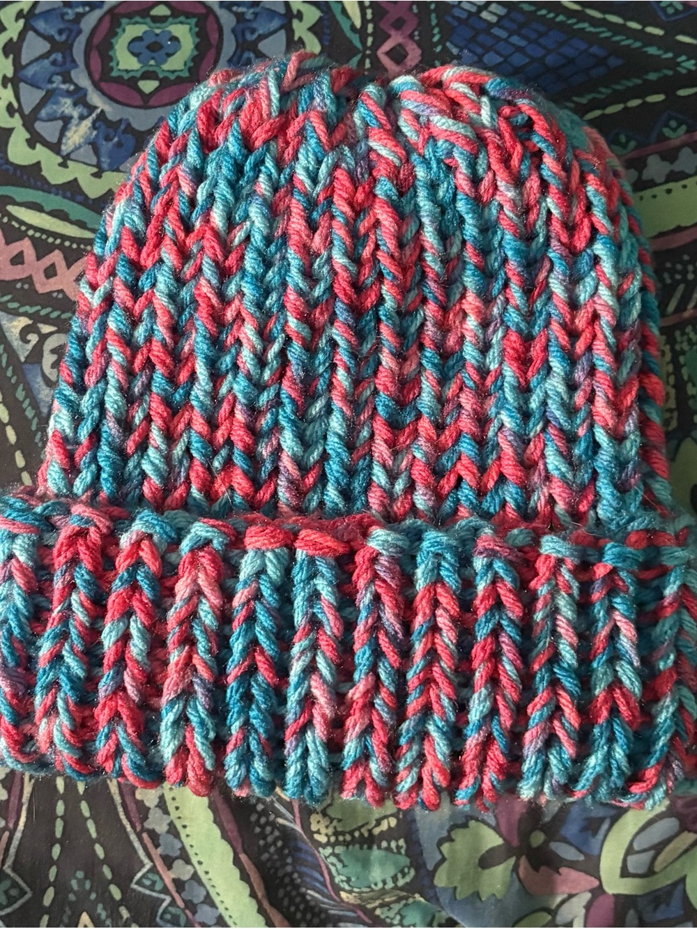 Pink and blue knit beanie
